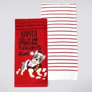 St Nicholas Square Christmas Holiday Santa Paws Bulldog Kitchen Towel 2 pack NWT